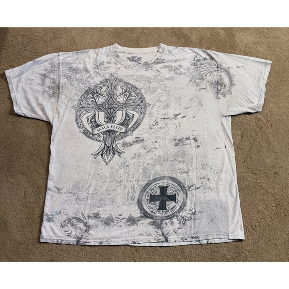 VTG White MMA Elite Aop Graphic T Shirt Mens 2XL Grunge Y2K Cross Skull Print - Picture 1 of 6